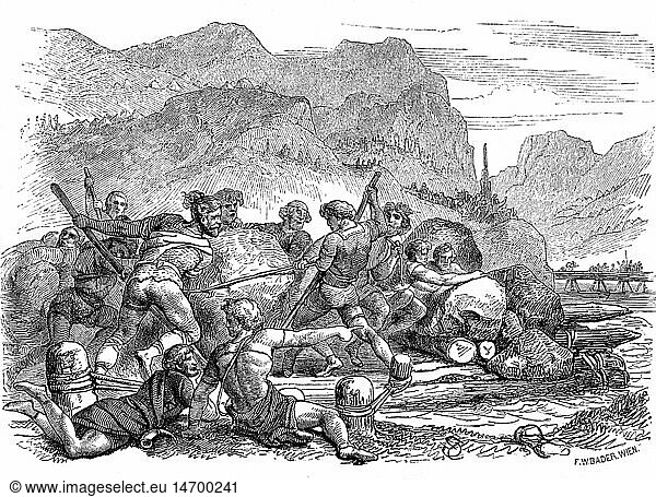 ancient world  Germanic Peoples  Cimbri building rafts at the river Adige  101 BC  wood engraving  19th century  antiquity  raft  Roman Empire  migration  warriors  1st century BC  historic  historical  ancient world  people