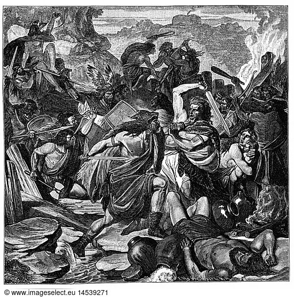 ancient world  Germanic Peoples  war  struggle between Hermunduri and Chatti about the salt springs near Kissingen  58 AD  wood engraving  19th century  antiquity  warriors  battle  Germany  1st century  historic  historical  ancient world  people