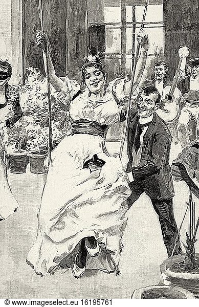 Andalusian customs of the 19th century  man rocking a woman on a swing in the patio of a Cordoba house on a carnival day  Andalusia. Spain  Europe. Old XIX century engraved illustration from La Ilustracion Espa?ola y Americana 1894.