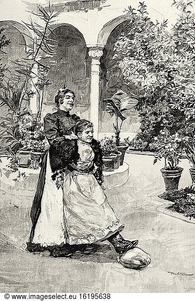 Andalusian traditional characters and customs  patio with flowers in Cordoba  Andalusia. Spain  Europe. Old XIX century engraved illustration from La Ilustracion Espa?ola y Americana 1894.