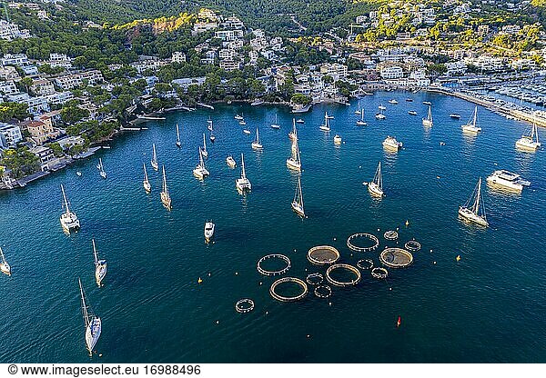 Andratx  Port d'Andratx  Küste und Naturhafen sowie Fischfarmen in Aquakultur  Mallorca  Balearen  Spanien  Europa