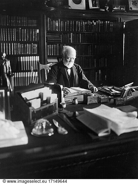 Andrew Carnegie (1835-1919) Scottish-American Industrialist and Philanthropist  Portrait sitting at Desk  New York City  New York  USA  Photo by Marceau  1913