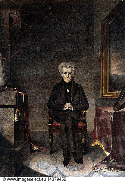 Andrew Jackson (1767-1845) American soldier and Seventh President of the United States 1829-1837. Full-length portrait of Jackson seated beside a table. Coloured lithograph of the painting by William James Hubard (1807-1862).