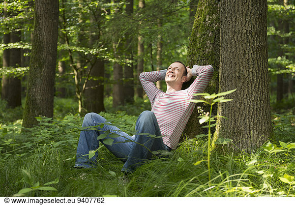 angelehnt Mann lächeln Baum Wald reifer Erwachsene reife Erwachsene