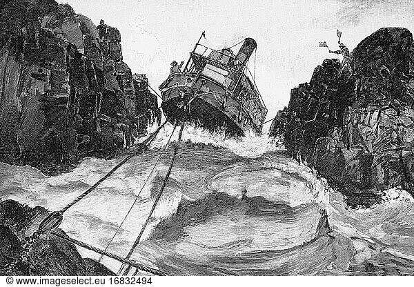 Anglo-ägyptische Expedition gegen Dongola. Ein Kanonenboot passiert den Jurasch-Wasserfall des Nils. Antike Illustration. 1896.