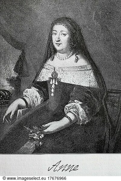 Anna Maria Mauricia of Austria  Ana de Austria  Anne d'Autriche  22 September 1601  20 January 1666 in Paris  was a Spanish-Portuguese Infanta and Archduchess of Austria from the House of Habsburg  digitally restored reproduction from a 19th century original  exact date unknown