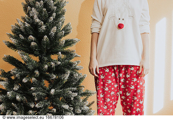 Anonymous female in Christmas pajama near coniferous tree at home