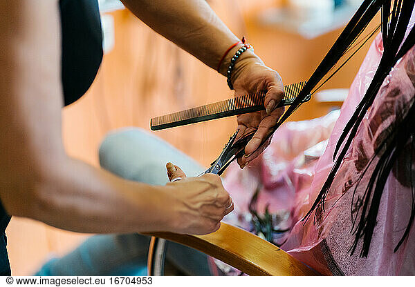 Anonymous hairdresser's hands cutting hair