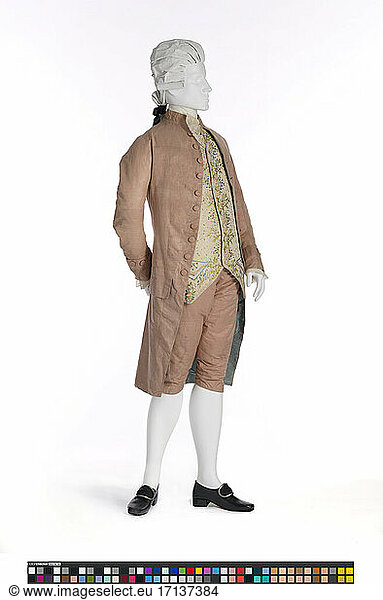 Anonymous. Man’s Suit (Coat and Breeches)  France  ca 1785. Costume  silk plain weave (faille) with warp-float patterning.
Inv. Nr. M. 2007.211.47a-b 
Los Angeles  County Museum of Art.