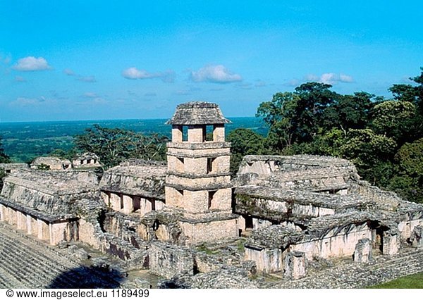 Ansicht des Palastes (UNESCO Weltkulturerbe). Palenque. Chiapas. Mexiko.