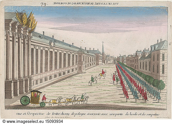 Ansicht und Perspektive des Eingangs des Königs von Polen in Warschau mit seinem Palast  1735. Künstler: Anonym