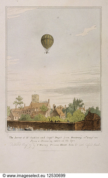 Ansicht von James Sadlers Ballon über Mermaid Gardens  Hackney  London  1811. Künstler: Anon