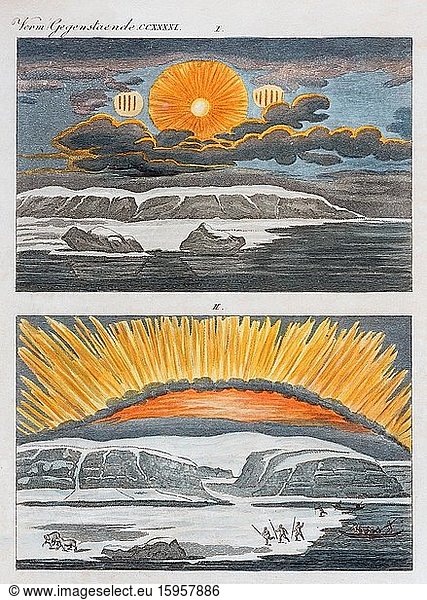 Ansichten der Insel Disko  Grönland  handkolorierter Kupferstich aus Friedrich Justin Bertuch Bilderbuch für Kinder  1816  Weimar  Deutschland  Europa