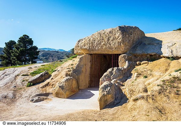 Antequera  Malaga Province  Andalusia  southern Spain. Entrance to the La Menga Dolmen. The dolmens of Antequera are a UNESCO World Heritage Site.