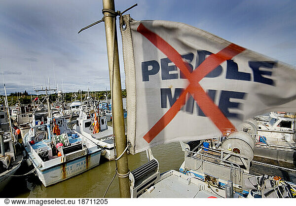 Anti-Pebble mine flag on fishing boats in Dillingham  AK.