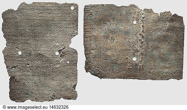 ANTIKE AUSGRABUNGEN  MilitÃ¤rdiplom fÃ¼r einen Kavalleristen  aus der Regierungszeit Antoninus Pius  datiert 146 n. Chr. Bronze mit grÃ¼nlicher Patina. Rechteckige Tafeln mit beidseitig gravierter Inschrift  mittig jeweils zweifach gelocht  Bindungsdraht und Siegel fehlen. Leicht deformiert  RÃ¤nder ausgebrochen  Fehlstellen. MaÃŸe 14 2 x 11 und 14 5 x 10 8 cm. BÃ¼rgerrechtdiplom ausgegeben unter Antonius Pius im Jahre 146 n. Chr. fÃ¼r die Provinz Dacia Inferior. Der EmpfÃ¤nger  der Reiter Thiampo  Sohn des Dexaus  ein Bessus  diente zuletzt in der Ala I Asturum und erhielt mit dieser Urkunde das rÃ¶mische BÃ¼rgerrecht nach 25 oder mehr Jahren ehrenhaften MilitÃ¤rdienstes. FÃ¼r ein weiteres Diplom dieser Konstitution siehe: 'RÃ¶mer nÃ¶rdlich der Alpen'  Seite 337  und 'Roman Military Diploma'  RMD IV 269