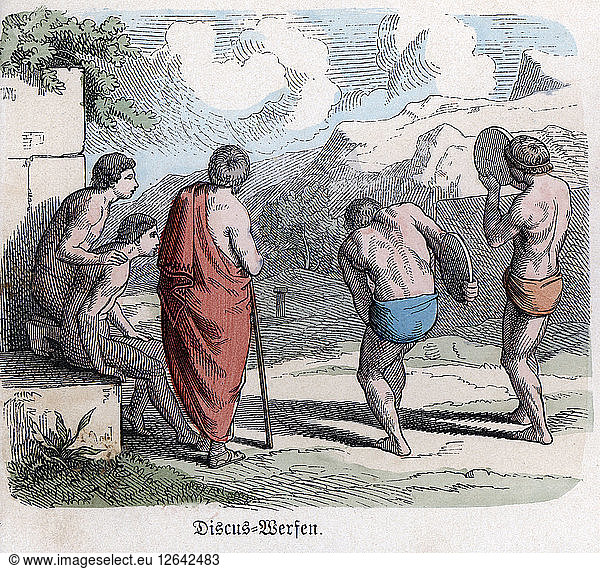 Antike Geschichte. Griechenland. Athletische Wettkämpfe  Diskusspiel. Deutscher Kupferstich  1865.