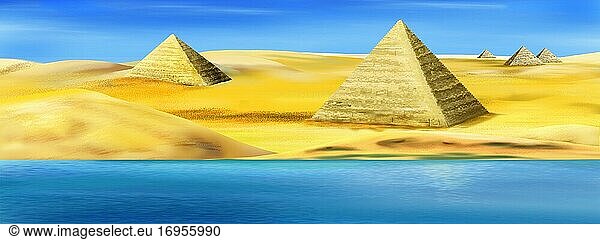 Antike Pyramiden an den Ufern des Nils in Ägypten an einem sonnigen Sommertag. Digitale Malerei  Illustration.