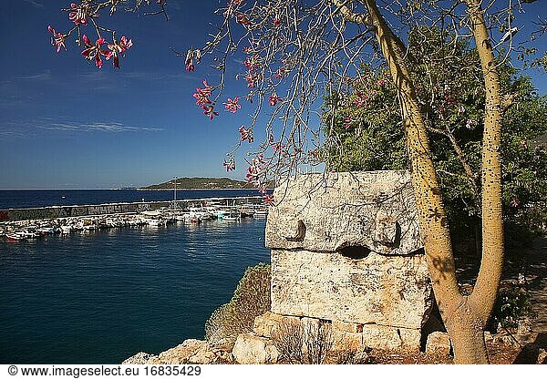 Antikes Grabmal in der Nähe des Meeres im Stadtzentrum  Kas  Provinz Antalya  Mittelmeerküste  Region Antikes Lykien  Türkische Riviera  Türkei  Europa.