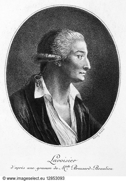 ANTOINE LAURENT LAVOISIER (1743-1794). French chemist. Contemporary French aquatint engraving.