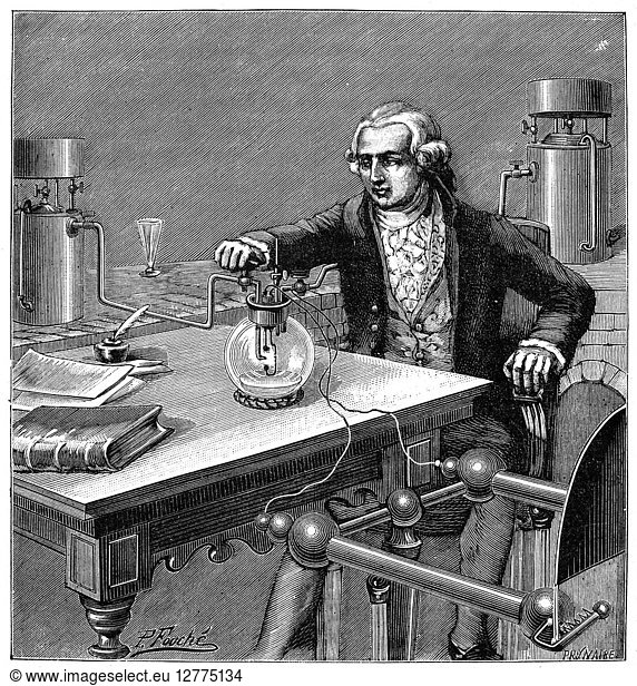 ANTOINE LAURENT LAVOISIER (1743-1794). French chemist. Lavoisier experimenting to determine the composition of water. Line engraving  French  19th century.