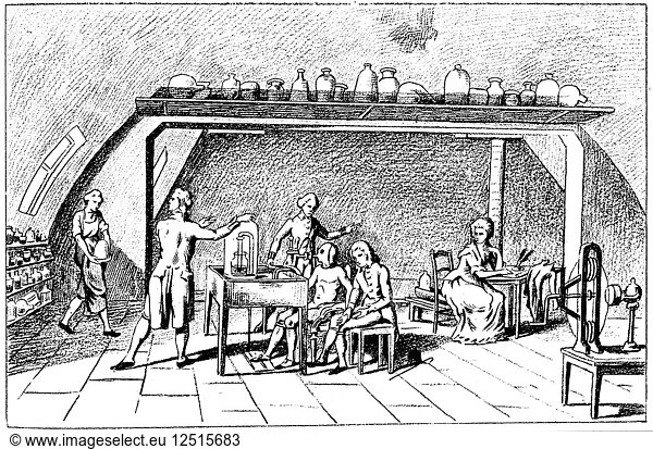 Antoine Laurent Lavoisier  18th century French chemist  investigating respiration. Artist: Unknown