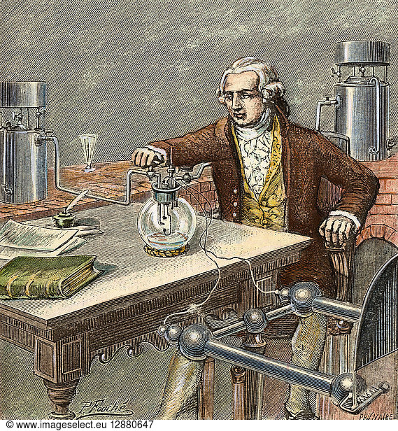 ANTOINE LAVOISIER. Antoine Laurent Lavoisier (1743-1794). Lavoisier experimenting to determine the composition of water by igniting a mixture of hydrogen and oxygen with an electric spark. French engraving  19th century.