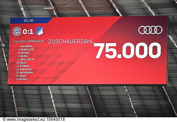 Anzeigetafel Anzahl der Zuschauer  ausverkaufte Allianz Arena  München  Bayern  Deutschland  Europa