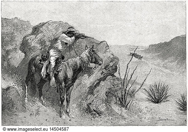 Apache Indian on Horseback Aiming Rifle at Covered Wagon  Illustration  Frederic Remington  Harper's Monthly Magazine  1890