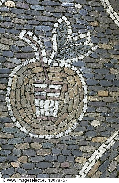 Apple and drinking cup as pavement mosaic on the pavement  Freiburg im Breisgau  Baden-Württemberg  Germany  Europe