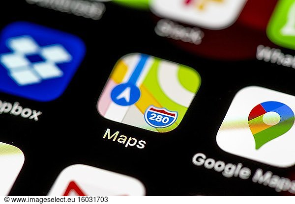 Apple Maps and Google Maps Icon  App Icons on a mobile phone display  iPhone  Smartphone  close-up