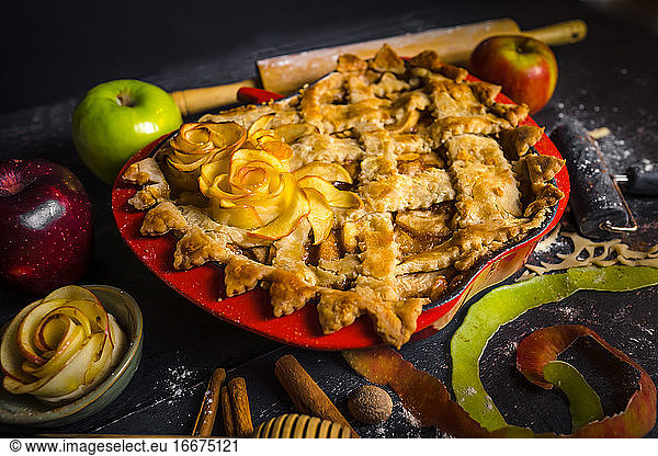 Apple pie plate decorative wood cinnamon baking honey food prep styled