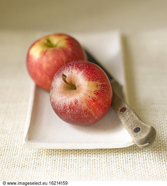 Apples and knife on platter  close up