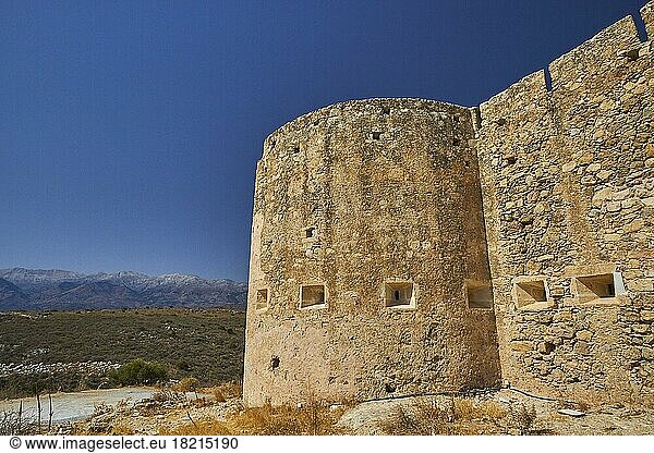 Aptera Fortress  Koule Fortress  Turkish  partly restored  cloudless blue sky  White Mountains  Lefka Ori  Souda  Chania  West Crete  Island of Crete  Greece  Europe