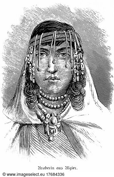 Araber  junge Frau  Kopf  Gesicht  Locken  Stirnband  Halsketten  Reichtum  Porträt  historische Illustration 1881  Algier  Algerien  Afrika