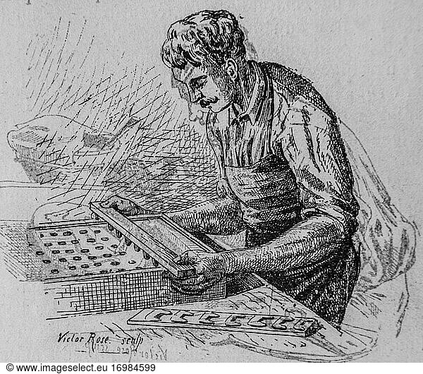 Arbeiter bei der Herstellung von Fingerabdrücken in den Stärkebetrieben Jacquin Dammarie les Lys  Süßwarenfabrik  Brauneis  die großen Fabriken von Turgan  Ausgabe Hatier 1888.