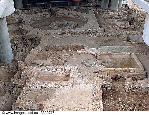 Archaeological excavation. The remains of a neighbourhood of ancient Athens  preserved at the base of the Acropolis Museum. These include streets  baths houses and workshops dating from the 5th century BC to the 9th century AD.