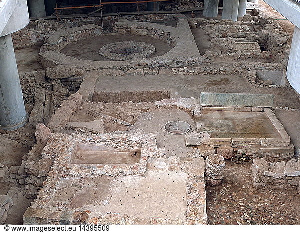 Archaeological excavation. The remains of a neighbourhood of ancient Athens preserved at the base of the Acropolis Museum. These include streets baths houses and workshops dating from the 5th century BC to the 9th century AD.