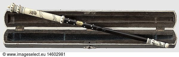Archduke Franz Ferdinand of Austria-Este (1863 - 1914)  a conductor's baton presented to Gustav Mahler in 1901 Ivory  ebony  and tortoiseshell. Ivory point and grip have decorative  blackened engraving and tortoiseshell inlays. The middle part made  from ebony with a dedication plaque 's./1. Komponisten Gustav Mahler 19 7/7 01.' ('to his beloved composer Gustav Mahler 19 7/7 01.'). The grip bears an overlay of a golden 'FF' cipher beneath a grand duke's crown set with rubies. Total length 39.5 cm. In a black leather case with green velvet lining. Gustav Mahler (1860 - 1911) was one of the most significant Austrian composers  conductors and opera directors. He was at the apex of his career during his Vienna time working as first Kapellmeister and court opera director from 1897 - 1907. A significant birthday gift from the Austrian Kronprinz (tr. heir apparent)  historic  historical  1900s  20th century  Imperial  Austria  Austrian  Danube Monarchy  Empire  object  objects  stills  clipping  clippings  cut out  cut-out  cut-outs  utensil  piece of equipment  utensils  item  items