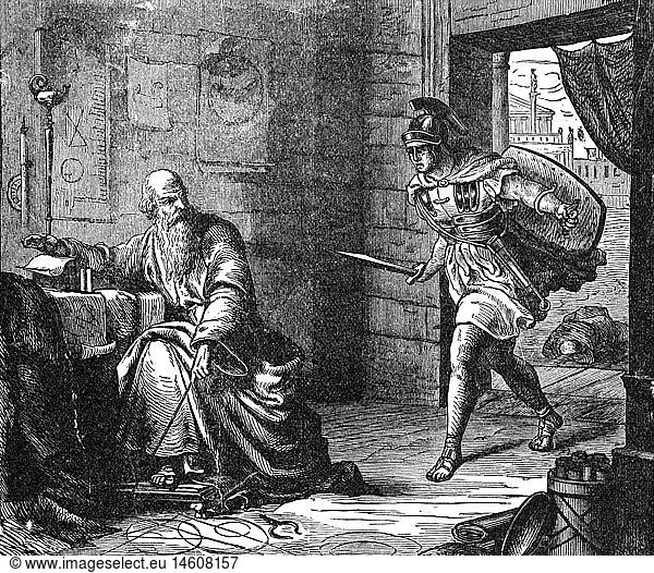 Archimedes  circa 285 - 212 BC  Greek scientist (mathematician and physicist)  full length  his last hour  historical painting ('Do not disturb my circles')  wood engraving  19th century