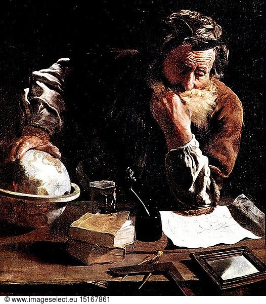 Archimedes  circa 285 - 212 BC  Greek scientist (mathematician and physicist)  half length  painting by Domenico Fetti (1589 - 1624)  sitting at table