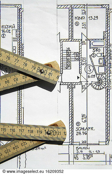 Architect's plan and folding rule  close-up