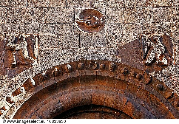 Architectural detail of the facade of the old Romanesque Benedictine monastery of Sant Pau del Camp  Barcelona  ??Catalonia  Spain
