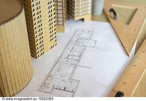 Architectural model and plan on table