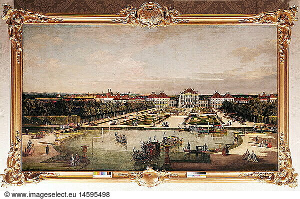 architecture  castles  Nymphenburg Palace  view from the garden side  painting by Bernardo Bellotto  so called Canaletto  residence  Munich  18th century  Bavaria  baroque  late baroque period  garden  gardens  park  parks  lake  lakes  gondola  gondolas  court  courts  picture frame  picture frames  rococo  court society  exterior view  fine arts  art  castle  castles  view  views  historic  historical  people