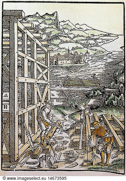 architecture  construction work  carpenters preparing riders and standarts  coloured woodcut  'Perspectiva' by Hieronymus Rodler  Frankfurt am Main  1546  private collection