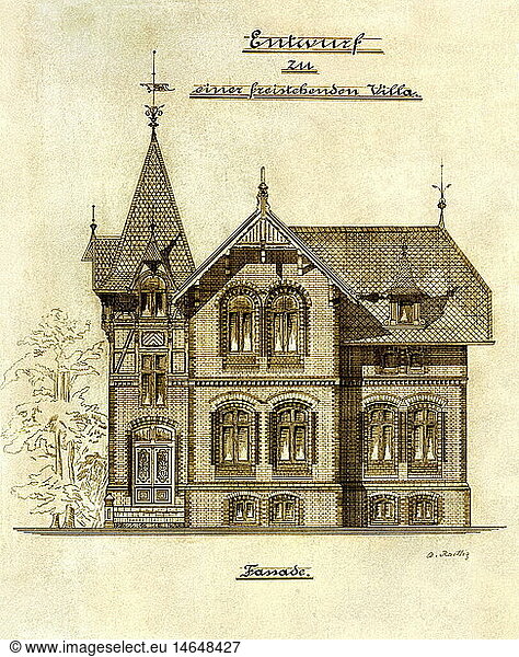 architecture  draft  architect's plan of a freestanding villa  construction drawing  architect Raettig  Germany  circa 1895