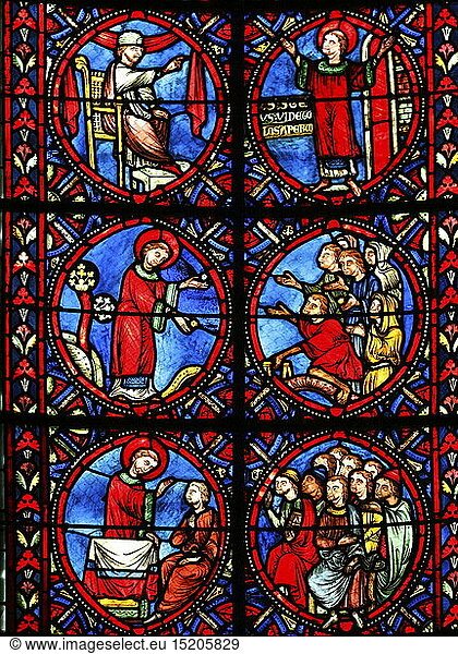 architecture  windows  glass painting in Bourges Cathedral  UNESCO World Heritage Site  Bourges  France  Western Europe  window pane  pane  windowpane  window panes  windopanes  sacral  sacred  christ  christianity  detail  church  churches  historic  historical  13th century  fine arts  ornament  ornaments  ornamentation  people
