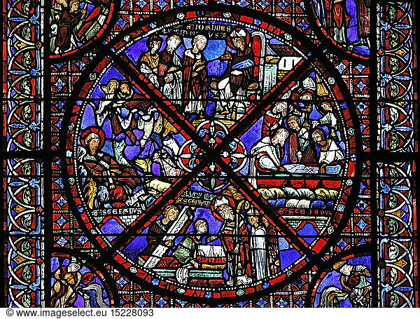 architecture  windows  glass painting in Bourges Cathedral  UNESCO World Heritage Site  Bourges  France  Western Europe  window pane  pane  windowpane  window panes  windopanes  sacral  sacred  christ  christianity  detail  church  churches  historic  historical  13th century  fine arts  ornament  ornaments  ornamentation  people