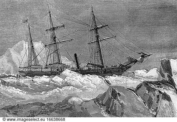 Arctic expedition of the North American ship Jeanette. Stranded and abandoned in the ice by its crew. June 1881. Antique illkustration. 1882.